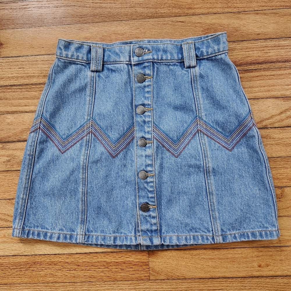 We Steal The Moon Rainbow Zig Zag Stitch Button-Front Denim Jean Mini Skirt